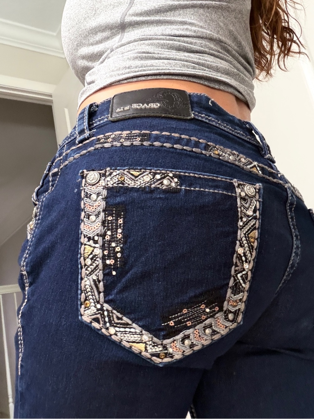 Womens Grace In LA Skinny Jeans Size 29 Y2k Dark Blue Embellished Western Glam